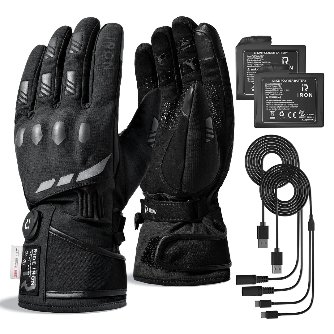 Black RIDEIRON heated gloves for motorcycle safety and comfort