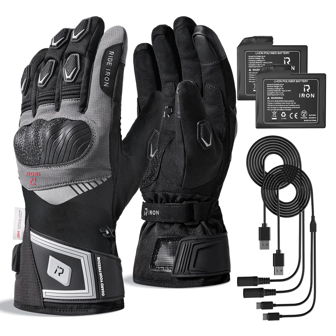 Black waterproof heated motorcycle gloves with intelligent temperature control